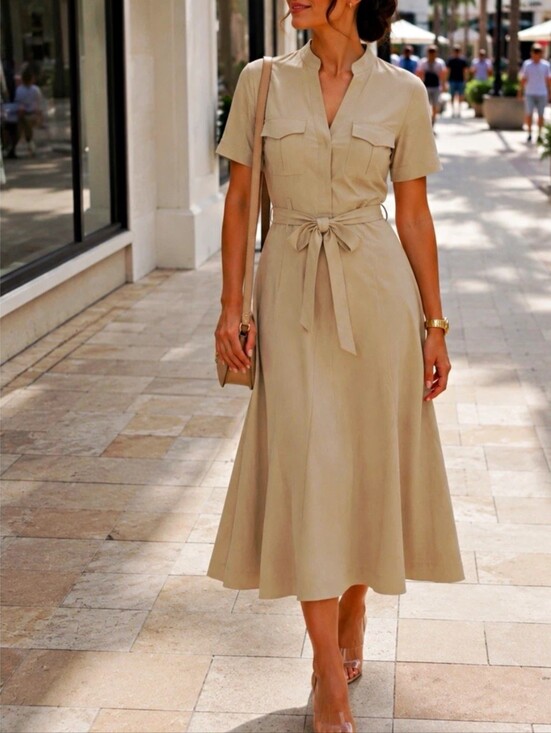 Alex Marie Dresses & Skirts - Alex Marie Beige Midi Shirt Dress with Tie Waist Size 6